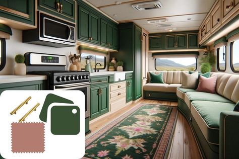 10 Chic RV Color Schemes for your Camper Remodel Olive Green Camper Interior, Rv Color Schemes, Interior Paint Ideas, Rv Camper Interior, Rv Wallpaper, Paint Rv, Decorating Your Rv, Camper Redo, Kitchen Cabinet Inspiration