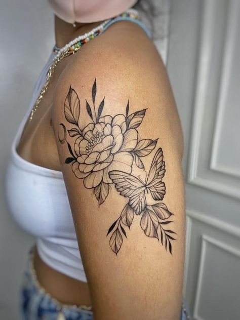 Peony Flower Shoulder Tattoo, Floral Tattoo With Butterflies, Butterfly And Flower Tattoo Shoulder, Upper Arm Tattoos For Women Butterflies, Peony Tattoo With Butterfly, Half Sleeve Tattoos For Women Upper Arm Flowers And Butterflies, Upper Arm Butterfly Tattoos For Women, Flower Upper Arm Tattoos For Women, Girl Tattoo Ideas Arm