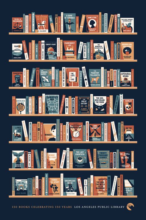 L.A. Public Library 150th Anniversary Poster — DKNG Book Spine Design, Dkng Studios, Book Polaroid, Anniversary Poster, Ender's Game, Library Posters, Book Spine, Roller Girl, Beautiful Books