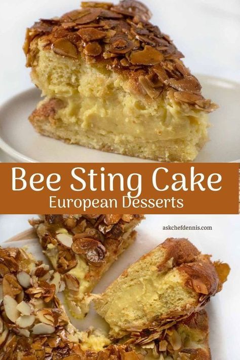 This is the BEST German dessert recipe from Chef Dennis! The bienenstich or "bee sting cake" is a delicious Bavarian cake with a sweet honey topping. Even a picky eater would love this delicious dessert! Try making your own bienenstich this spring or summer! Country Club Desserts, New Dessert Ideas, Cakes For A Crowd, Unique Dessert Recipes, German Bee Sting Cake, Bienenstich Recipe, European Desserts, German Dessert, Bee Sting Cake