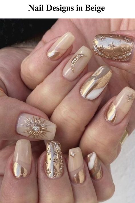 https://beautysalonorbit.com/top-03-tips-for-nail-beauty/ Beige And Gold Nail Designs, Cream Colored Nails With Design, Ivory And Gold Nails, Tan And Gold Nails, Rare Nail Designs, Cream And Gold Nails, Tan Nails Design, Nail Art Simple Elegant Classy, Nail Art Beige