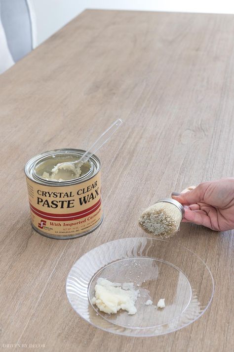 A step by step of how to use wax to seal a wood table top! #diy #diningtable #tips How To Seal Wood Naturally, Finishing Wax For Wood, How To Finish A Table Top, Staining Table Top Diy, How To Seal Wood Table, Sealing Wood Furniture, Polyurethane Table Top, Wax Finish On Wood, Bleached Wood Table