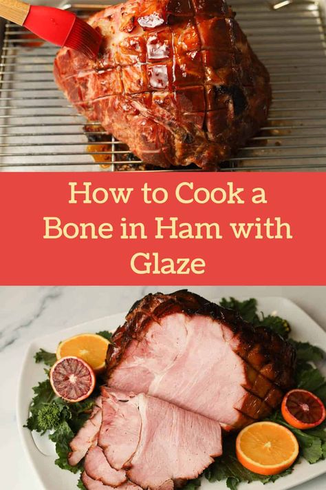 A baked bone in ham with a sweet honey glaze is the perfect show-stopping main course for your next holiday gathering. It's easy to prep and feeds a lot of people at once with minimal prep. This recipe is light on the spices with just a touch of cinnamon, and some orange juice to balance out the honey and brown sugar. Get the recipe on www.apeachyplate.com Cooking Bone In Ham, Baked Bone In Ham, Baked Ham Oven, Fresh Ham Recipe, Baked Ham Glaze, Honey Ham Recipe, Bone In Ham, Ham Bone Recipes, Honey Baked Ham Recipe