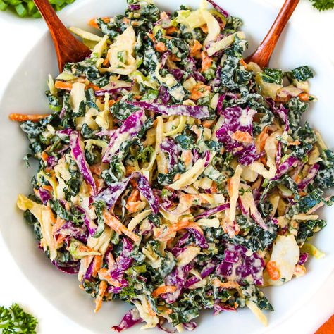 Kale Slaw with Creamy Dressing (Vegan!) Coleslaw Dressing Healthy, Kale Slaw Recipe, Marinated Kale Salad, Spinach Feta Salad, Homemade Coleslaw Dressing, Creamy Coleslaw Dressing, Dressing Healthy, Kale Slaw, Picnic Side Dishes