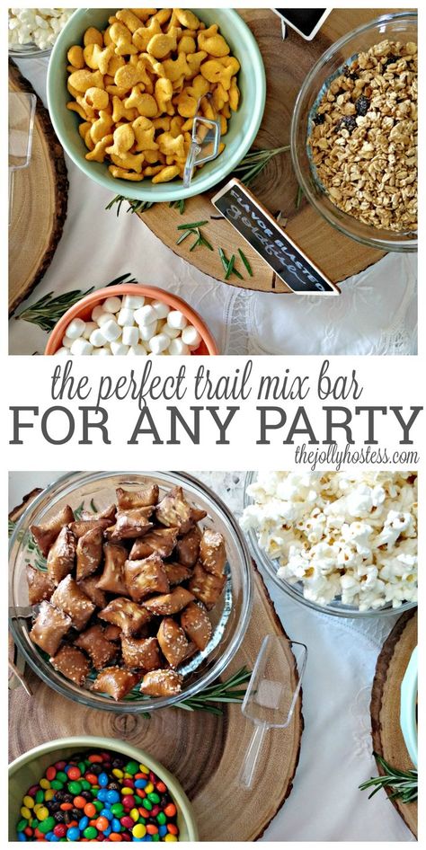 Trail Mix Bar is the perfect party app for endless snacking, set up to make your own based on trail mix (and other!) ingredients (includes links to serving materials!).  #trailmix #trailmixbar #howto #snacks #party Hostess Recipes, Bar Party Ideas, Trail Mix Bars, Woodland Baby Shower Theme Decorations, Hostess Tips, Woodland Baby Shower Food, Trail Mix Bar, Woodland Camping, Best Camping Meals