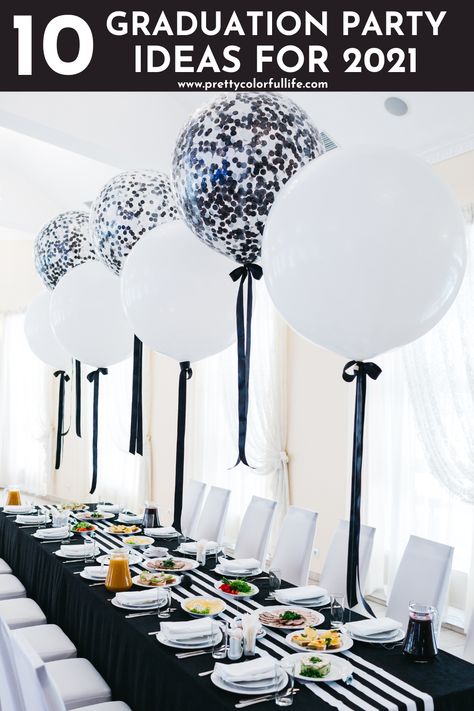 Black White And Grey Graduation Party, Graduation Dinner Centerpiece Ideas, Graduation Party Table Set Up Layout, College Graduation Balloon Ideas, Graduation Venue Decorations, College Graduation Dinner Table Ideas, Graduation Table Setting Ideas, Balloons For Graduation Party, College Graduation Party Decor Table Decorations Centerpiece Ideas