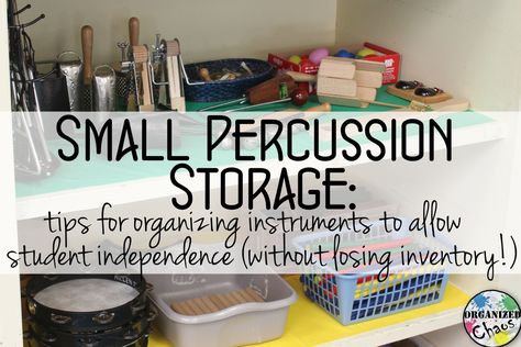 Organized Chaos: Teacher Tuesday: small percussion storage. tips for organizing all of those small percussion instruments so that students can keep them organized and access them themselves without worrying too much about damaging the instruments! Manipulatives Storage, Music Classroom Organization, Music Room Organization, Classroom Organization Ideas, Homeschool Room Organization, Music Education Activities, Music Classroom Decor, Drum Room, Elementary Music Education