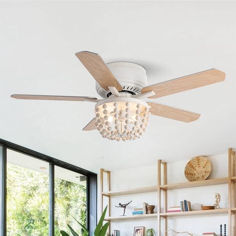 48-in White Coastal Bohemian Wooden Bead Flush Mount Ceiling Fan with Light and Remote - On Sale - Bed Bath & Beyond - 38465609 Rattan Ceiling Fan, Fan Direction, Caged Ceiling Fan, Farmhouse Ceiling Fan, Flush Mount Ceiling Fan, Led Ceiling Fan, Ceiling Fan With Remote, Room Makeover Bedroom, Lighting Sale