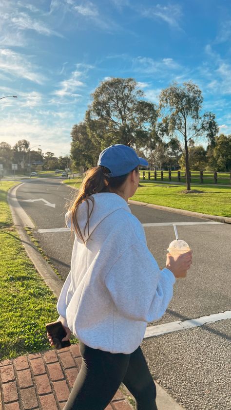 Walking Date Aesthetic, Coffee Walk, Coffee Walks Aesthetic, Coffee Date With Friends Aesthetic, Summer Walk Aesthetic Morning, Coffee Date Aesthetic Girl, Cap Outfit, Walking Outfits, Coffee Photos