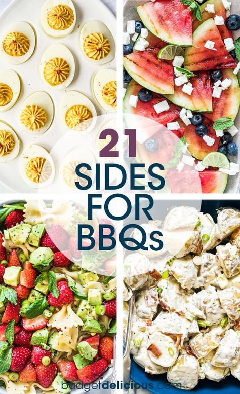 Need some very easy BBQ side dishes or cookout sides for summer, Memorial Day Sides, 4th of July Sides, your pool party, backyard BBQs, summer picnics and fiesta? Here are the best side dishes for cookouts including easy potato salads, fresh summer salads, watermelon recipes, easy pasta salads, pickles, grilled vegetables and more. #sides #summer #memorialday #4thofjuly #recipe Sides For Summer, Easy Bbq Side Dishes, Cookout Sides, Barbecue Sides, Barbecue Side Dishes, Bbq Recipes Grill, Potato Salads, Bbq Side Dishes, Bbq Side