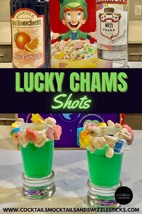 This image shows two green shots with lucky charms cereal as the rim and a second image with vodka, blue curacaco and lucky charms St Patrick's Day Shots, St Patricks Jello Shots Alcohol, St Patrick’s Day Jello Shots, St Pattys Day Drinks Alcohol, Saint Patricks Day Drinks, St Patricks Day Drinks Alcohol, St Patrick’s Day Alcoholic Drinks, St Patrick’s Day Cocktails, Green Shooters