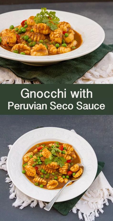 Vegetarian Gnocchi with Peruvian Seco Sauce - Life Currents Dinner Gnocchi, Vegetarian Gnocchi, Waffles Healthy, Spicy Dinner, Steak Dinner Sides, Peruvian Dishes, South American Recipes, Potato Dinner, Peruvian Cuisine