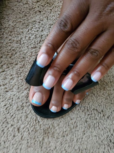 Dnd Aqua Blue, Baby Blue Pedicure Toes, Baby Blue French Tips, Baby Blue French Tip, Blue Pedicure, French Tip Pedicure, French Tip Gel, Blue Toe Nails, Blue French Tip