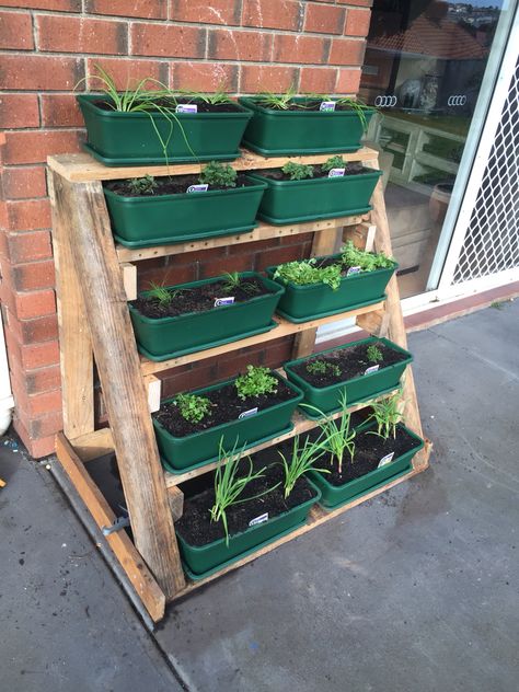 Portable Herb Garden, Outdoor Herb Shelf, Vertical Herb Garden Pallet, Wood Pallet Herb Garden, Tiered Herb Planter, Diy Planters Outdoor, Herb Garden Pallet, Herb Garden Pots, Outdoor Herb Garden