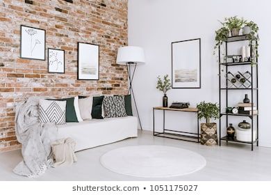 Posters on red brick wall above white sofa with pillows in bright living room interior with plants living room interior royalty free stock images stock  photo Brick Wall Living Room, Zebra Print Rug, Print Rugs, Brick Living Room, Zebra Decor, Red Brick Walls, Red Brick Wall, Wall Living Room, Trellis Rug