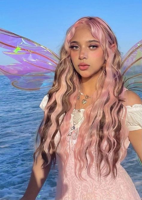 Doux Fairy Hair, Red Hair After It Fades, Cat Braid Hair, Douxfairy Aesthetic, Blonde With Colored Roots, Pink Fairy Hair, Fairy Hair Color Ideas, Douxfairy Hair, Y2k Dyed Hair