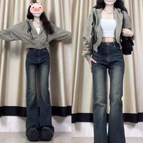 #Acubai #cute #newjeans Korean Bootcut Jeans Outfit, Korean Outfits Winter, Flair Jeans Outfit, Outfit For Night Out, Pick Your Outfit, Peony Aesthetic, Trending Streetwear, Simple Style Outfits, Street Outfits