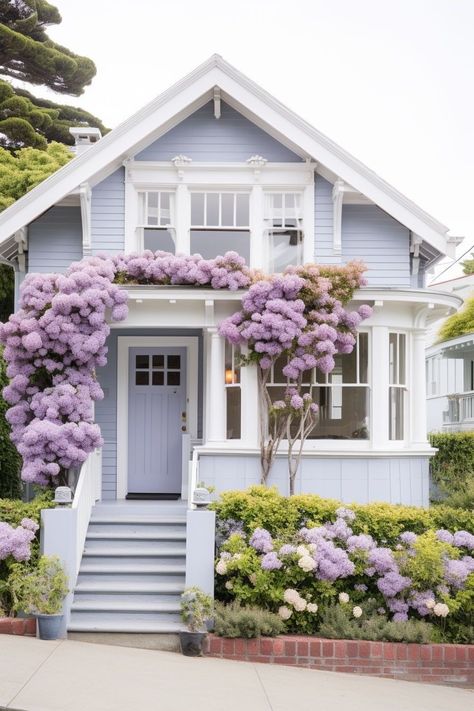 Periwinkle Exterior House Colors, Pastel House Exterior, Periwinkle House, Dusty Periwinkle, Cozy Desk, Sims Houses, Paradise Lost, Pastel House, Sims House