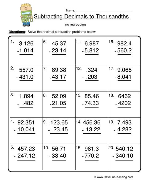 Decimal Worksheets - Have Fun Teaching Subtracting Decimals Worksheet, Multiplying And Dividing Decimals, 4th Grade Worksheets, Grammar Work, Decimals Addition, Adding And Subtracting Decimals, Math Fractions Worksheets, Comparing Decimals, Adding Decimals