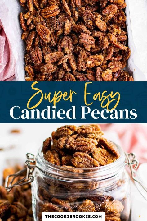 Easy to make, these delicious candied pecans are perfect for holiday snacking! Seasoned with brown sugar, vanilla and cinnamon, they take minutes to make with a few pantry staples. The Best Candied Pecans, How To Candy Pecans For Salad, Easy Candied Nuts Recipe, Nut Recipes Snacks, Candy Pecans Recipe Easy, Pecan Candies, Savory Christmas Snacks, Candies Pecans, Pecans Candied