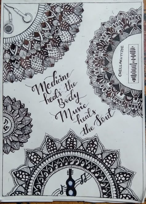 #mandalaart Drawing Ideas For Music Lovers, Mandala Art Musical Instruments, Music Themed Drawings, Mandala Art Related To Music, Mandala Drawing Music, Healing Mandala Design, Sisters Mandala Art, Music Mandala Art With Quotes, Music Mandala Art Easy