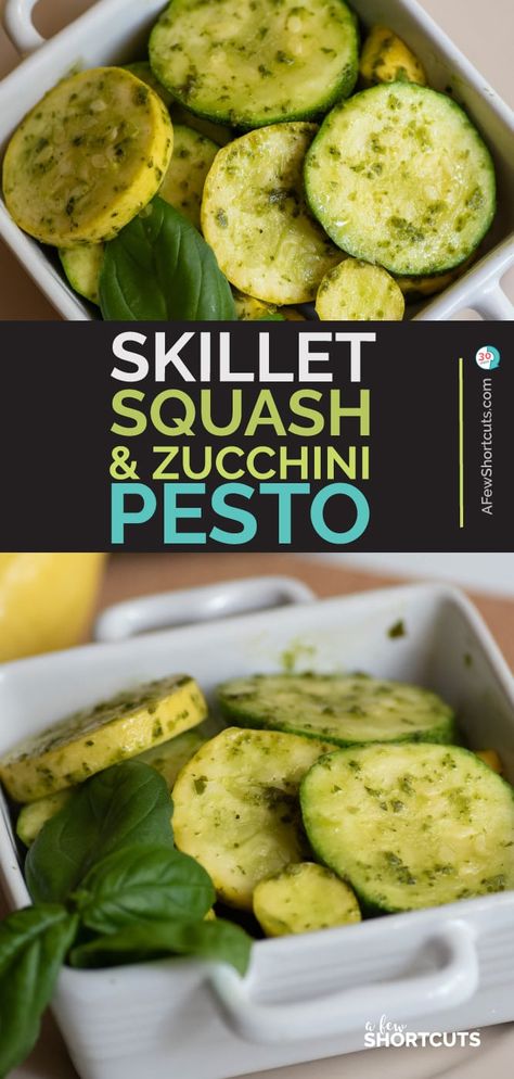 An incredibly simple side dish that is keto friendly and flavorful. Skillet Squash & Zucchini with pesto is a great way to use those veggies! | @AFewShortcuts #recipes #keto #lowcarb #vegetables #dairyfree #glutenfree #sidedish #summer Zucchini With Pesto Recipes, Zucchini And Pesto Recipes, Skillet Squash, Asparagus Recipes Soup, Chicken And Veggie Recipes, Dairy Free Pesto, Pesto Recipes, Squash Zucchini, Recipes Restaurant