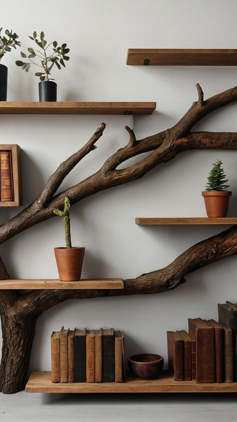 Transform your bedroom into a grunge-inspired sanctuary with DIY tree branch shelves Learn how to create your own floating corner wall brackets with this step-by-step tutorial on plant wall shelves Rustic and unique these tree-branch-inspired shelves will add a touch of nature to your space Hanging Bookshelf Diy, Diy Hanging Bookshelf, Plant Wall Shelves, Branch Shelves, Diy Tree Branch, Hanging Bookshelf, Hanging Bookshelves, Square Shelf, Diy Hanging Shelves