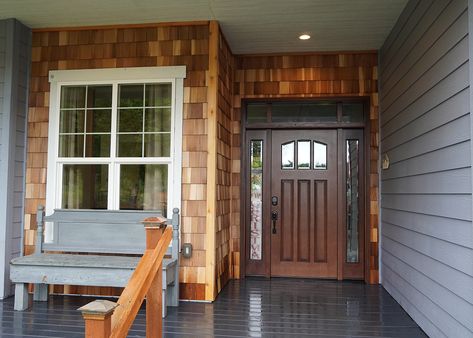 Cedar Shake Front Entry, Shaker Shingles Accent, Cedar Shakes Around Front Door, Shaker Siding Exterior, Shaker Siding, Cedar Shingle Siding, Cedar Shingle, Galvanized Roofing, Shingle House