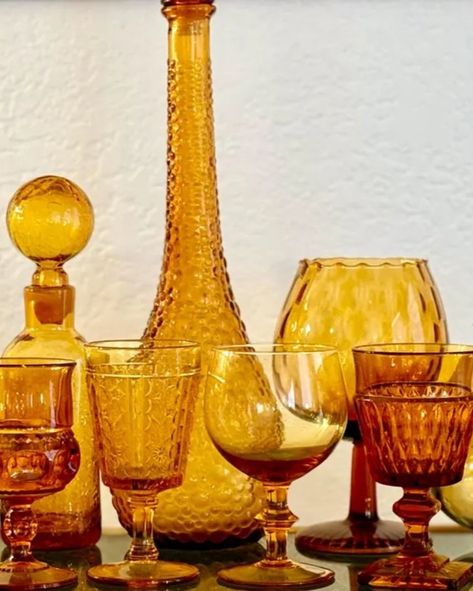 ✨ Mixed Amber Glassware Set ✨ Mismatched Goblets ✨ Vintage Amber Glassware Set of 6 ✨ Topaz Glassware Set/Golden Goblets Visit my Etsy store - link in bio! Vintage Amber Glass Decor, Amber Goblets, Amber Wine Glasses, Mustard Yellow Glassware, Vintage Amber Glassware, Amber Glassware, Glassware Set, Amber, Etsy Store