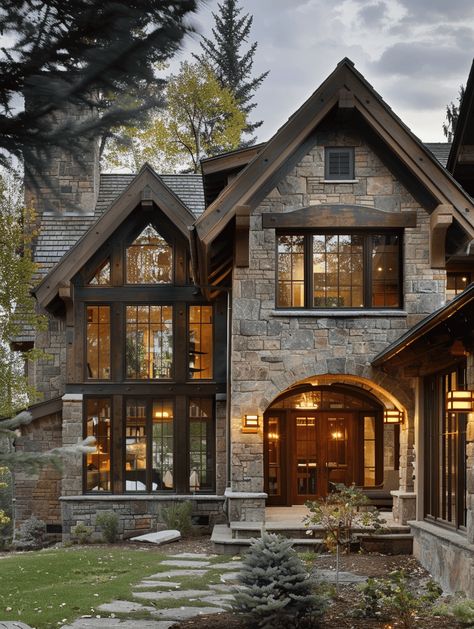 25 Rustic Home Exterior Ideas for Curb Appeal Home Ideas Outside House, Cathedral Home Exterior, Exterior House Design Stone, Round Stone Exterior Houses, Fall House Inspo Exterior, Old World Style Home Exterior, Dream Home Entrance, Stone House Windows Exterior, Tudor Lake House