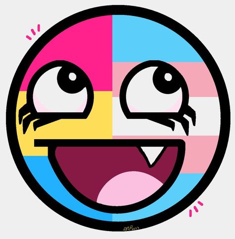 i hadn't seen any pan and trans pride flag epic face pfp's, so i made one >:) Happy Face Icon, Epic Face, Emo 2000s, Trans Pride Flag, Trans Boys, Scene Boys, Trans Flag, Face Icon, Flag Icon