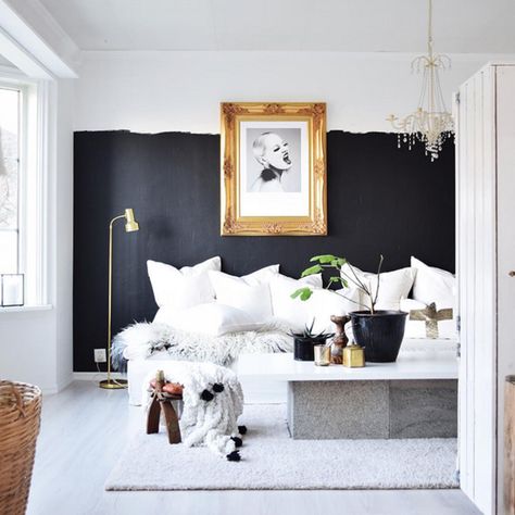 Half Painted Walls, Dreamy Living Room, Style Me Pretty Living, Painted Walls, Design Del Prodotto, White Furniture, Living Room Makeover, Dream Decor, Black Walls