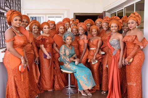 Simi Was Beyond Breathtaking in her 5 Wedding Outfits Burnt Orange Asoebi, Orange Asoebi, Nigerian Bridesmaid Dresses, Nigerian Wedding Dresses Traditional, Nigerian Wedding Dress, African Bridesmaid Dresses, African Wedding Attire, Traditional Wedding Attire, Lace Gown Styles