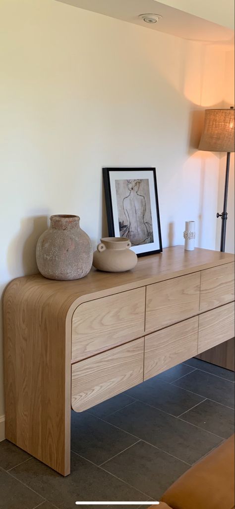 Floating Dresser, Warm Interior Design, White Oak Veneer, Warm Interior, Rounded Rectangle, Classic Bedroom, Modern Bedroom Decor, Bedroom Decor Ideas, Dresser Decor