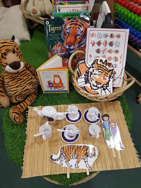 Reading area enhancement based on The Tiger Who Came to Tea. Eyfs reading area. Storytelling Eyfs Ideas, Tiger Eyfs Activities, Animals Eyfs, Talk For Writing Eyfs, World Book Day Activities Eyfs, Animals Including Humans Ks1, Reading Area Eyfs, The Tiger Who Come To Tea Eyfs, When You Trap A Tiger Activities