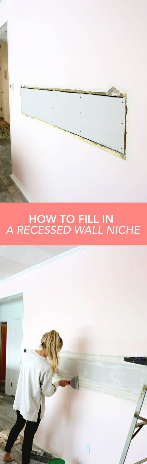 How To Fill In A Recessed Wall Niche #recessedwall #drywalll #abeautifulmess Niche In Wall, Tv Niche, Recessed Wall Niche, Remove Wall, Family Room Walls, Tv Room Design, Wall Niche, Recessed Wall, A Beautiful Mess