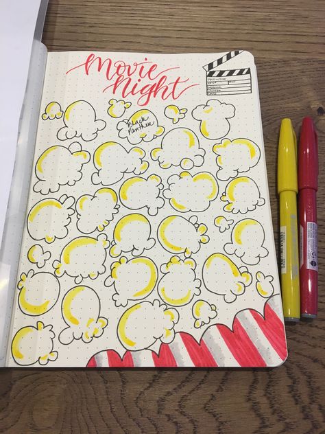 Movie Night Popcorn bullet journal tracker inspiration #bulletjournaling #bulletjournal #bujo خريطة ذهنية, Bullet Journel, Bullet Journal 2020, Bullet Journal 2019, Bullet Journal Ideas Templates, Creating A Bullet Journal, Bullet Journal Paper, Bulletin Journal Ideas, Bullet Journal Ideas