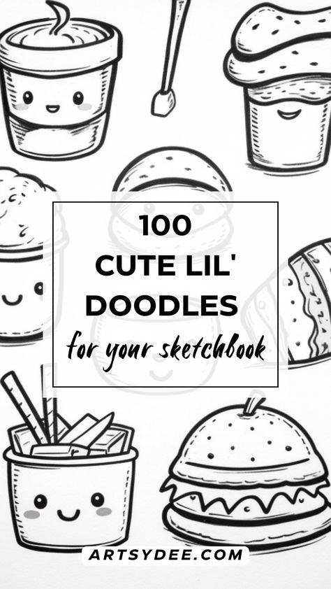 Get your daily dose of cuteness with these 100+ adorable little doodles! Perfect for beginners, these simple drawings are sure to put a smile on your face. Plus, we've included FREE drawing templates to help you get started! #cutedoodles #doodling #drawingideas #kawaii #freeprintables Food Drawing Doodles, Food Zentangle, Random Cute Doodles, Food Doodles Hand Drawn, Food Doodles Easy, Food Doodle Art, Kawaii Line Art, Cute Little Doodles Simple, Kawaii Drawings Doodles