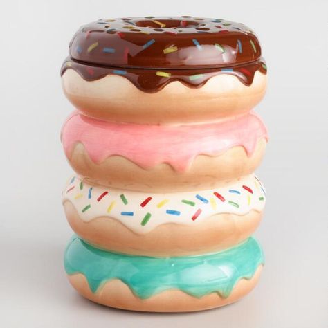 Shaped like a colorful stack of hand-painted donuts, our ceramic cookie jar adds some fun to the counter and is definitely the perfect place to store sweet treats. #affiliate Donut Gift Ideas, Crea Fimo, Donut Gifts, Best White Elephant Gifts, Collectible Cookie Jars, White Elephant Party, Donut Decorations, Clay Jar, Elephant Party