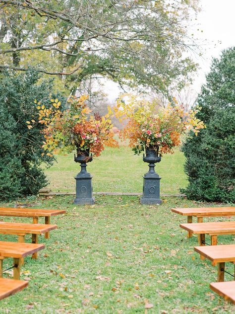 Sophie Felts Floral Design | DC Wedding Florist | Rachel May Workshop | Catesby Farm Estate Fall English Garden Wedding, Fall Estate Wedding, November Wedding Florals, Fall Ceremony Flowers, Fall Wedding Aisle Decorations, Pisces Wedding, Wedding Urns, Flower Pillars, Autumn Garden Wedding