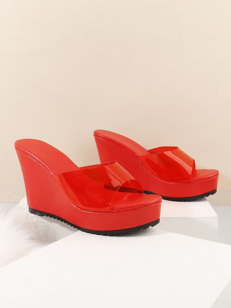 Red Fashionable    Plain Wedge Sandals    Women Shoes Red Open Toe Wedge Sandals With Buckle, Casual Red Flat-heeled Slippers, Red Slip-on Wedge Sandals For Vacation, Beach-ready Closed Toe Wedge Sandals With Red Sole, Red Open-toe Synthetic Wedge Sandals, Strap Wedge, Platform Wedge Sandals, Platform Wedges, Slide Sandals