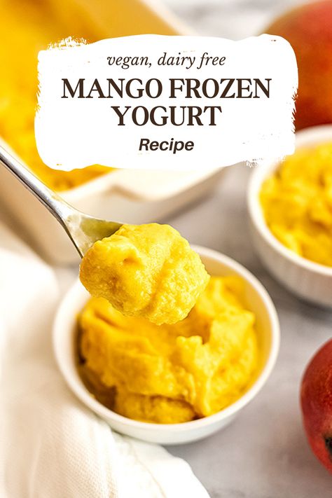 This easy and quick mango frozen yogurt is the perfect dairy-free and vegan dessert or snack. Made with frozen mango, it is naturally sweetened and has no added sugar. Ready in just 5 minutes with only 2 ingredients! Mango Frozen Yogurt Recipe, Homemade Frozen Yogurt Recipes, Homemade Mango Ice Cream, Mango Frozen Yogurt, Healthy Frozen Yogurt, Mango Ice Cream Recipe, Homemade Frozen Yogurt, Healthy Spring Recipes, Frozen Yogurt Recipes