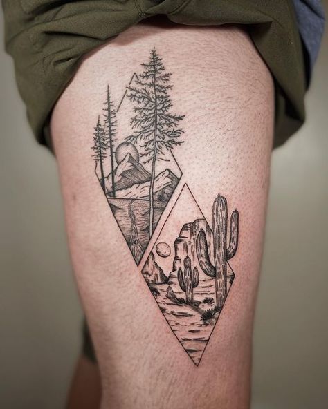 Cactus And Pine Tree Tattoo, Cactus Pine Tree Tattoo, Mens Desert Tattoo, Cool Cactus Tattoo, Couples Cactus Tattoos, Canyonlands Tattoo, Joshua Tree Desert Tattoo, Mountain And Desert Tattoo, Fine Line Arizona Tattoo