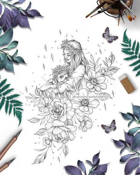 Mother Fairy Tattoo, Mother And Daughter Fairy Tattoos, Mother Daughter Portrait Tattoo, Mom Holding Daughter Tattoo, Fairy Floral Tattoo, Mother Daughter Fairy Tattoo, Mother Holding Daughter Tattoo, Fairy Mom And Daughter, Daughter Portrait Tattoo