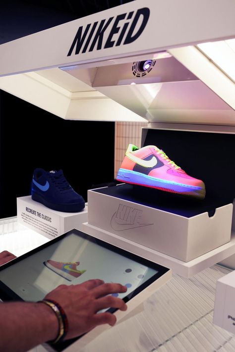 The new Nike iD Direct Studio is the future of customised kicks | British GQ Nike Event, Nike Retail, Shoe Store Design, Store Shelves Design, Sneaker Storage, Shoe Room, Shoe Wall, Nike Air Force 1s, Sneaker Magazine