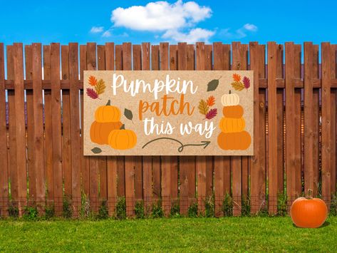 Welcome visitors to your fall event in style with this charming hand-painted "Pumpkin Patch This Way" banner! Perfect for farms, pumpkin patches, farm stands, and school events, this rustic and festive banner will guide guests to the heart of the season's fun. The design features warm autumn colors, pumpkins, and leaves, adding a cozy seasonal touch. 🎨 Completely Customizable   Personalize the banner with your own colors, wording, or other design elements to make it perfect for your event. Whether you're directing guests at a farm or adding a seasonal touch to your event space, this banner will do the trick! 📏 Available Sizes   - 30" x 64"   - 24" x 51"   💪 Durable and Versatile   Made from quality Kraft paper, this banner is durable and designed for both indoor and outdoor use (not wat Fall Festival Painted Banner, Fall Festival Signs, Pumpkin Patch Sign Diy, Pumpkin Patch Theme, Pumpkin Patch Decoration, Painted Banners, Pumpkin Banner, Festival Paint, Pumpkin Patch Party