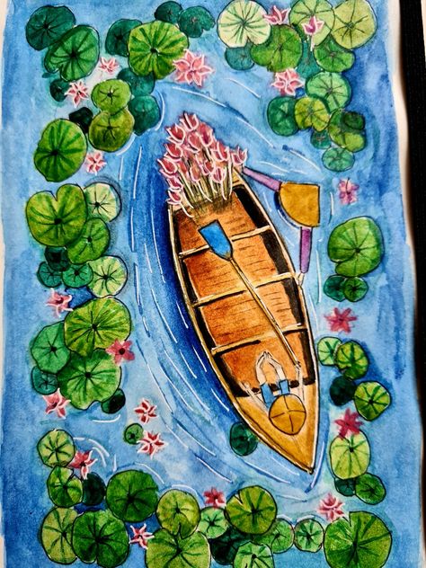 Lily Pond Drawing, Water Lily Pond Drawing, Pond Scenery Drawing, Water Lily Drawing, Pond Drawing, Rainy Day Drawing, Lotus Pond Painting, Water Lilies Pond, Fabric Colour Painting