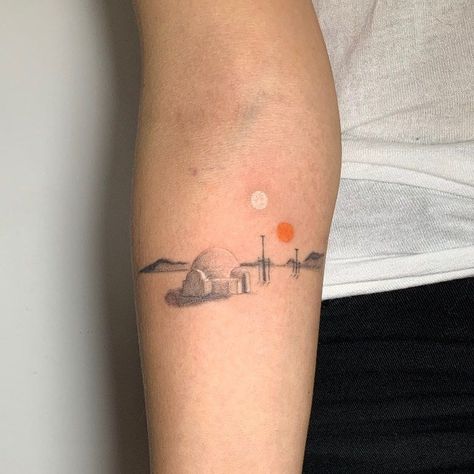 Small Star Wars Tattoo For Women, Star Wars Tattoo Tatooine, Cool Star Wars Tattoos, Tattooine Star Wars Tattoo, Fine Line Star Wars Tattoo, Star Wars Inspired Tattoos, Star Wars Small Tattoo, Feminine Star Wars Tattoo, Starwars Tattoo Ideas