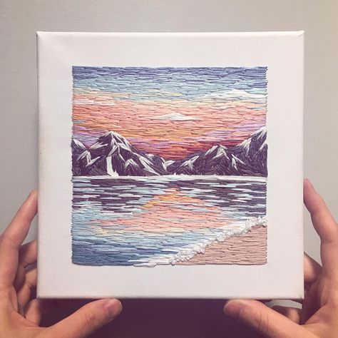 Hand Embroidery On Canvas, Stitching On Canvas, Embroidery Canvas Art, Square Embroidery Design, Sunset Over Mountains, Embroidery On Canvas, Embroidery Stitches Flowers, Square Embroidery, Stitches Design