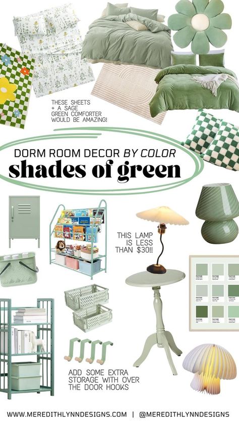 Collage of aesthetic green room decor. Dorm room decorating ideas. Green checkered decor. Apartment decor. Light Green Rooms, Green Girls Rooms, Pink Dorm Rooms, Green Room Decor, Green Bedroom Decor, Pink Dorm, Bilik Idaman, Pastel Room Decor, Sage Green Bedroom